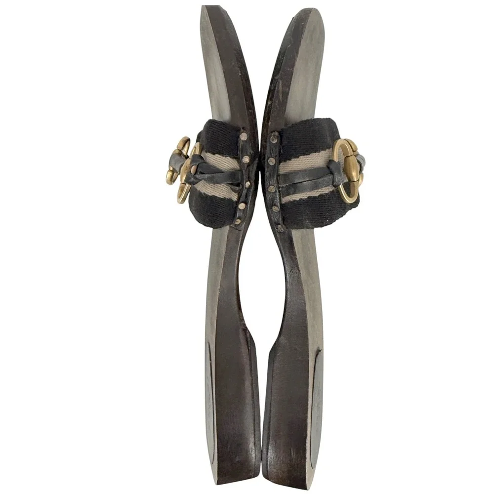 Gucci Vintage Horse-bit Wooden Slide Sandals Black Striped Canvas 8.5 Italy